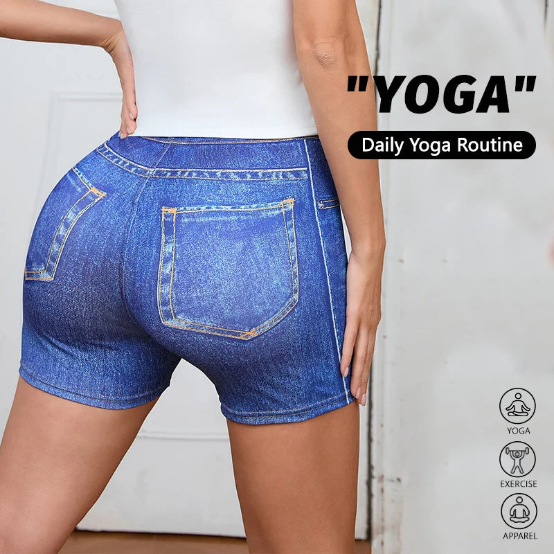 Denim Print Leggings Shorts for Women High Waist Stretchy Yoga Shorts Casual Workout Fitness Running Cycling Shorts for Summer
