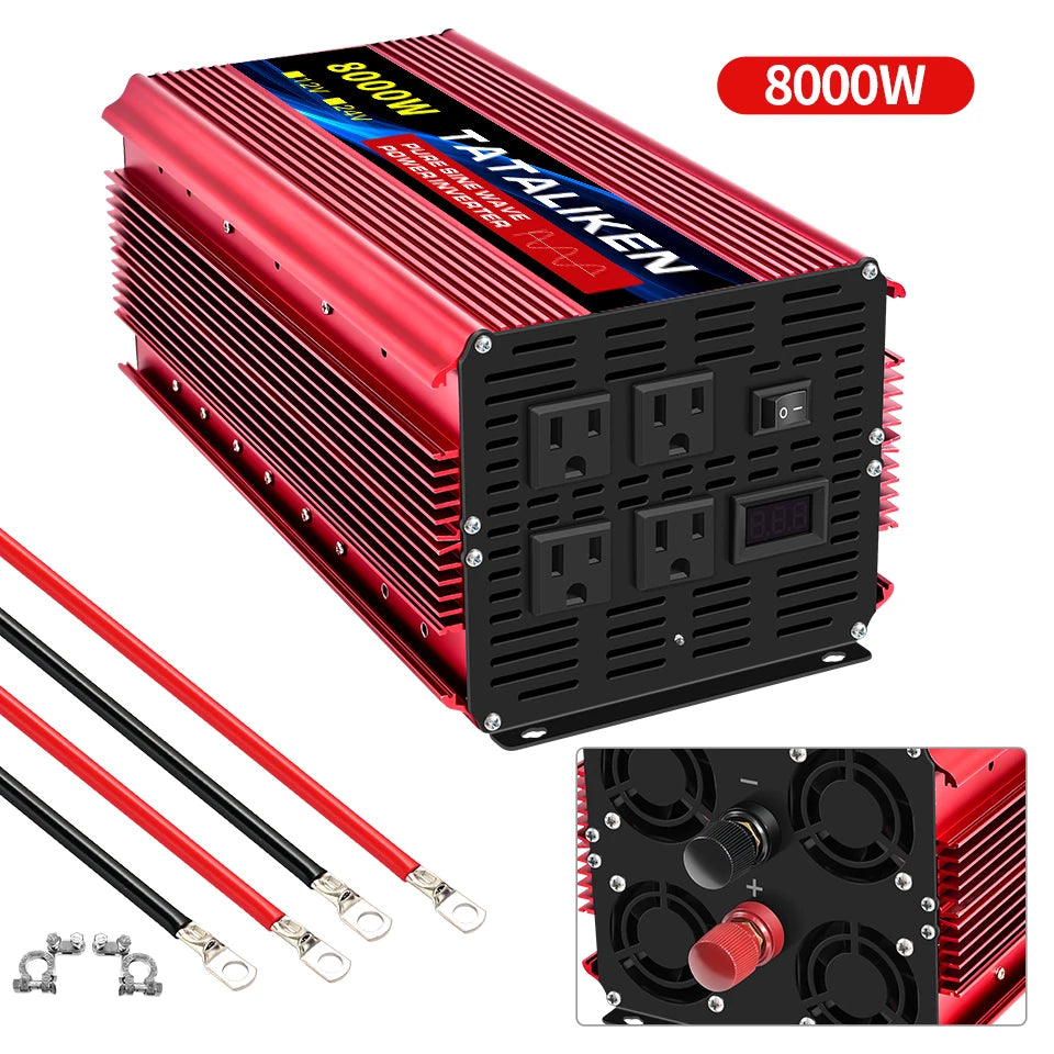 Power Inverter 10000W DC 12V to AC 110V 60HZ Pure Sine Wave Inverter with LCD Display Remote Control 4AC Outlets