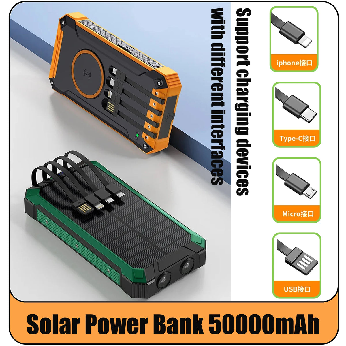 Solar Power Bank Wireless Charger 50,000mAh,Portable Solar Powered USB C Input/Output with Camping Flashlight for Cell Phone