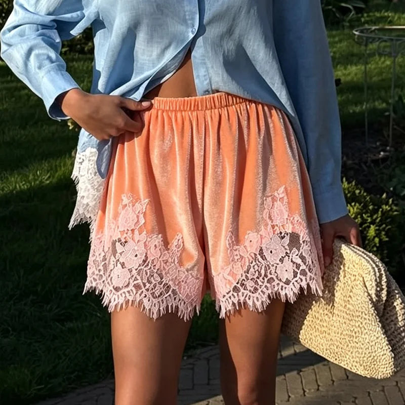 Y2K Velvet Lace Splicing Shorts Women Elastic Waist Contrast Pink Lace Trim Summer Loose Mini Pants Beach Vacation Wear Clothes