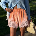 Y2K Velvet Lace Splicing Shorts Women Elastic Waist Contrast Pink Lace Trim Summer Loose Mini Pants Beach Vacation Wear Clothes