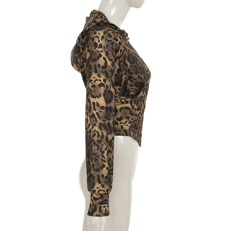 BKLD Women's Classic Hooded Long Sleeved Patchwork Irregular Sexy Zip Up Corset Short Jacket Street Style Leopard Coat Outerwear