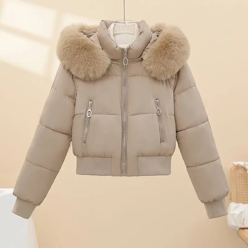 Korean Style Cropped Slim Fit Puffer Parka Women Detachable Faux Fur Trim Hood Thick Warm Zip Pockets Winter Casual Outfit 2026