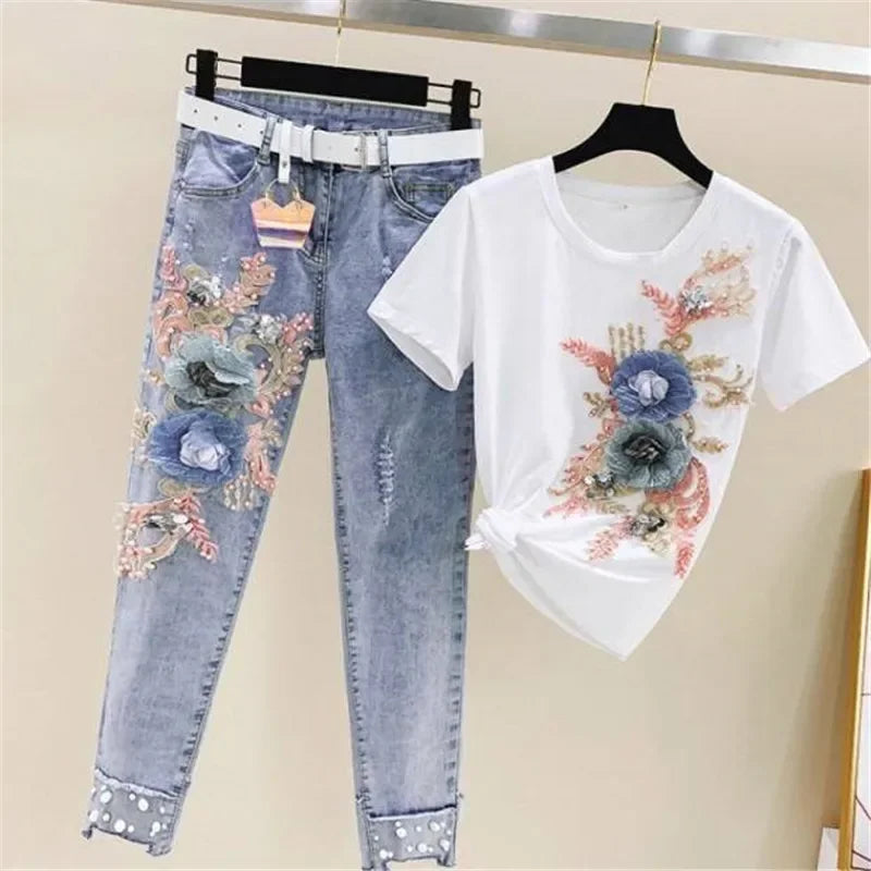 Two-Piece Suit 2025 Summer New Women Denim Pants Beading Embroidery Tshirt Tops+ High Waist Hole Jeans Female Casual Outfits