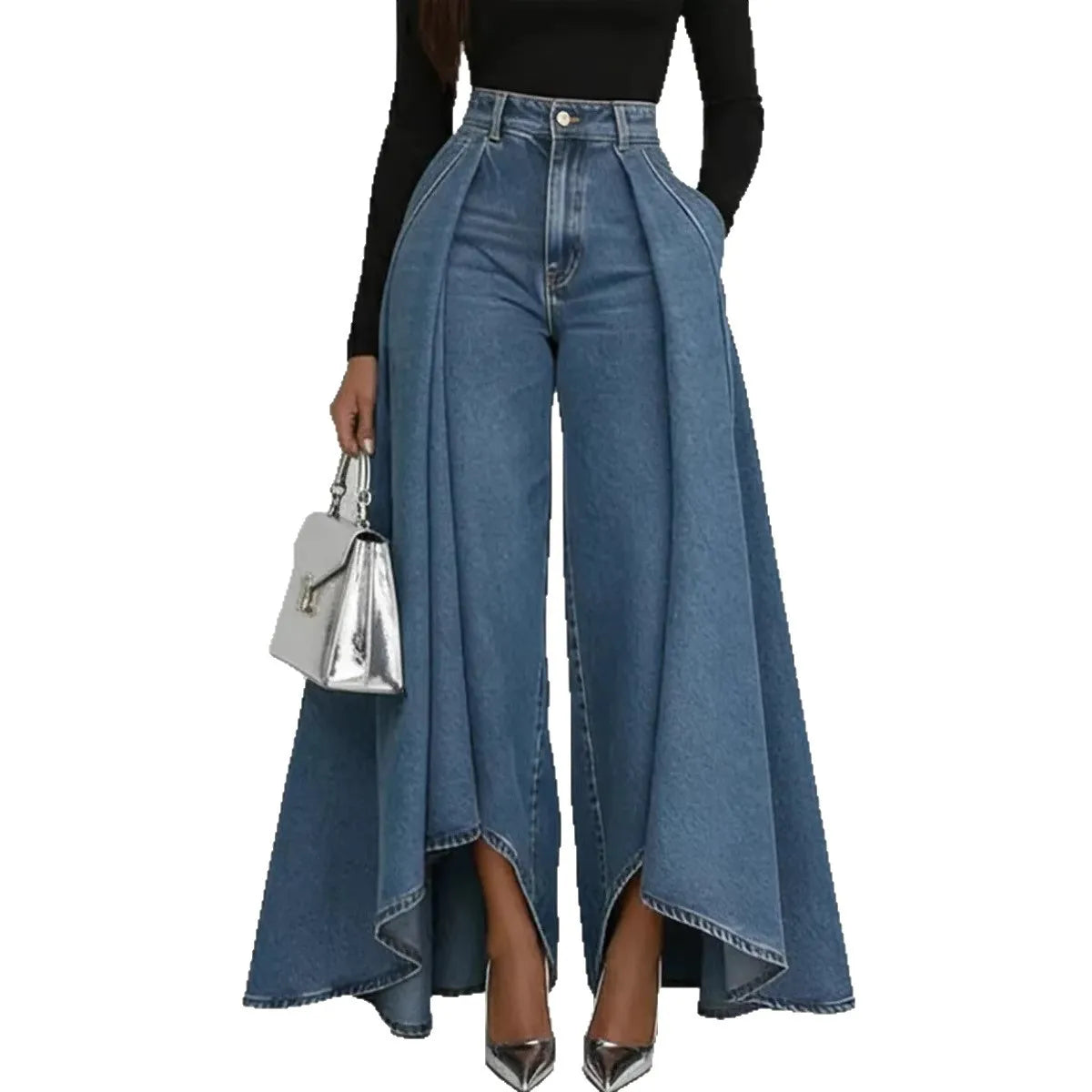 Fashion High Rise Denim Culottes Jeans Side Drape Oversized Wide Leg Pants Loose Fit Casual Trousers Streetwear