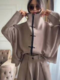 Coffee Tang Suit Two Piece Set Mandarin Collar Frog Button Top Wide Leg Cropped Pants Sets Lady Chic Retro Oriental Daily Wear