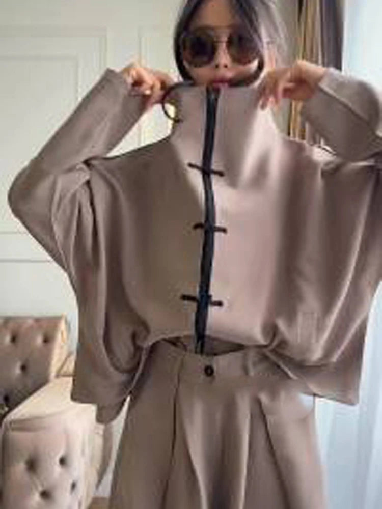 Coffee Tang Suit Two Piece Set Mandarin Collar Frog Button Top Wide Leg Cropped Pants Sets Lady Chic Retro Oriental Daily Wear