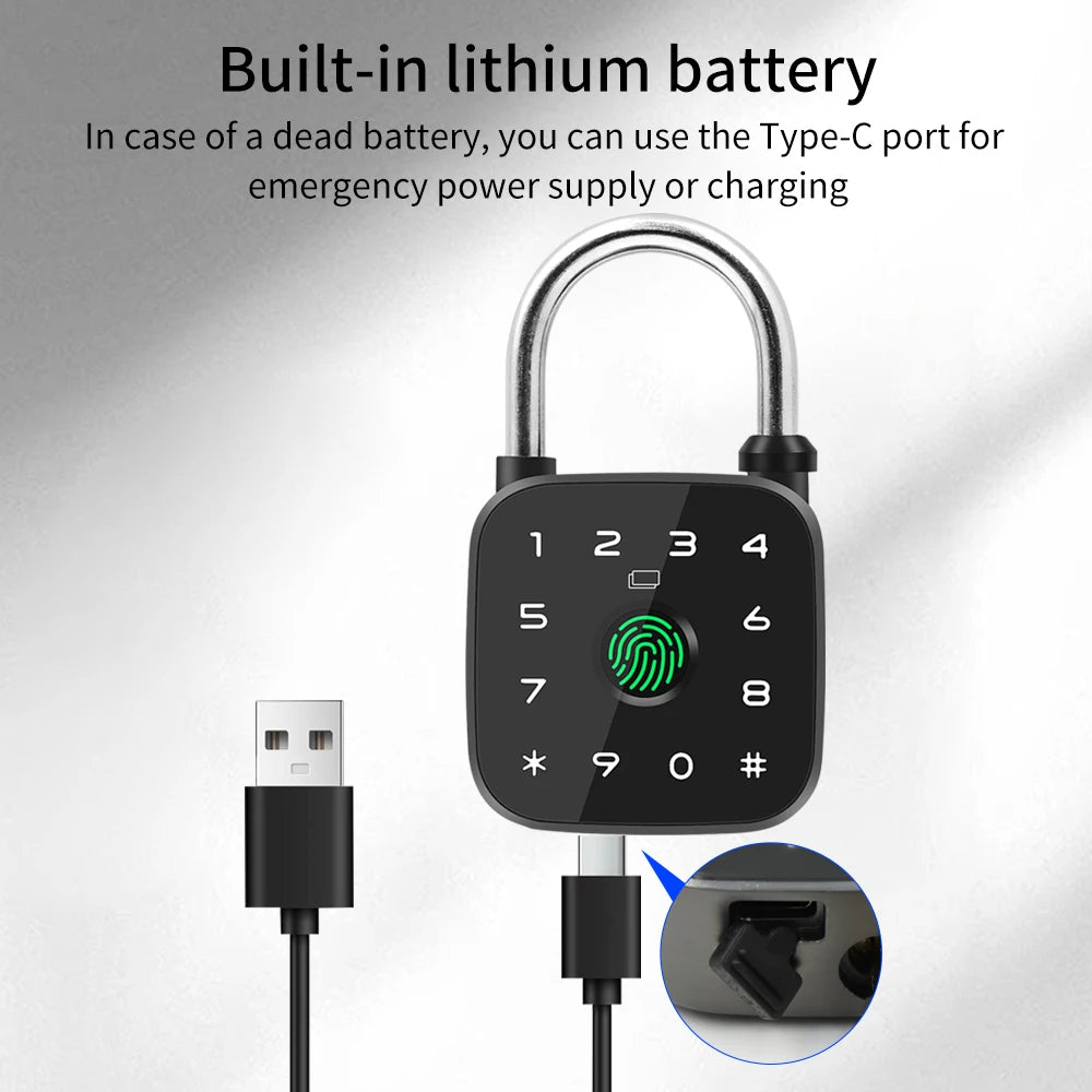 IP67 Smart Padlock Support Tuya App Fingerprint Password RFID Card Key Unlock Type-C Charging Multi-function Anti-theft Lock