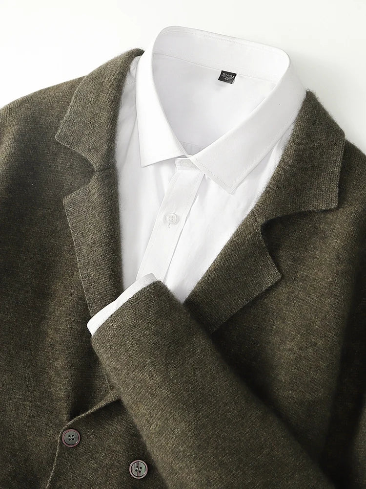 100% Merino Wool Sweater Men's Suit Collar Cardigan Smart Casual Knitwear Autumn Winter Cashmere Solid Coat Pockets Clothing Top