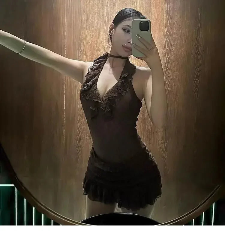 Sexy retro vacation ruffle edge deep V halter neck dress female slim slim slim skirt
