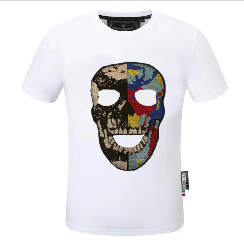 2025 Summer New Luxury Men's Fashion Skull Design Rhinestones T-Shirt Pure Cotton Crew-Neck Casual High Quality