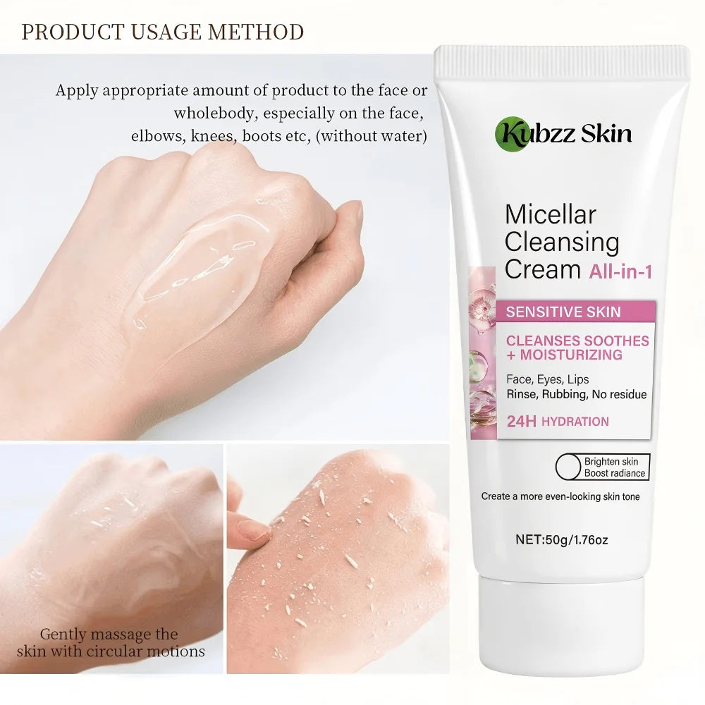 Micellar Cleansing Cream 50G——Niacinamide, Hyaluronic Acid, Collagen Formula, Deep Cleansing, Gentle Cleansing, Soothing and Moisturizing in One, Smooths Skin, Suitable for Face, Eyes and Lips, Can Be Used for Sensitive S