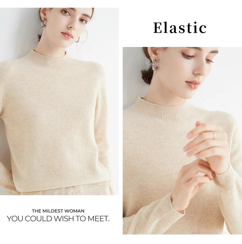 First-Line Seamless Women's Half-Turtleneck 100% Pure Wool Sweater Solid Color Long Sleeve Pullover Knitted Bottoming Sweater