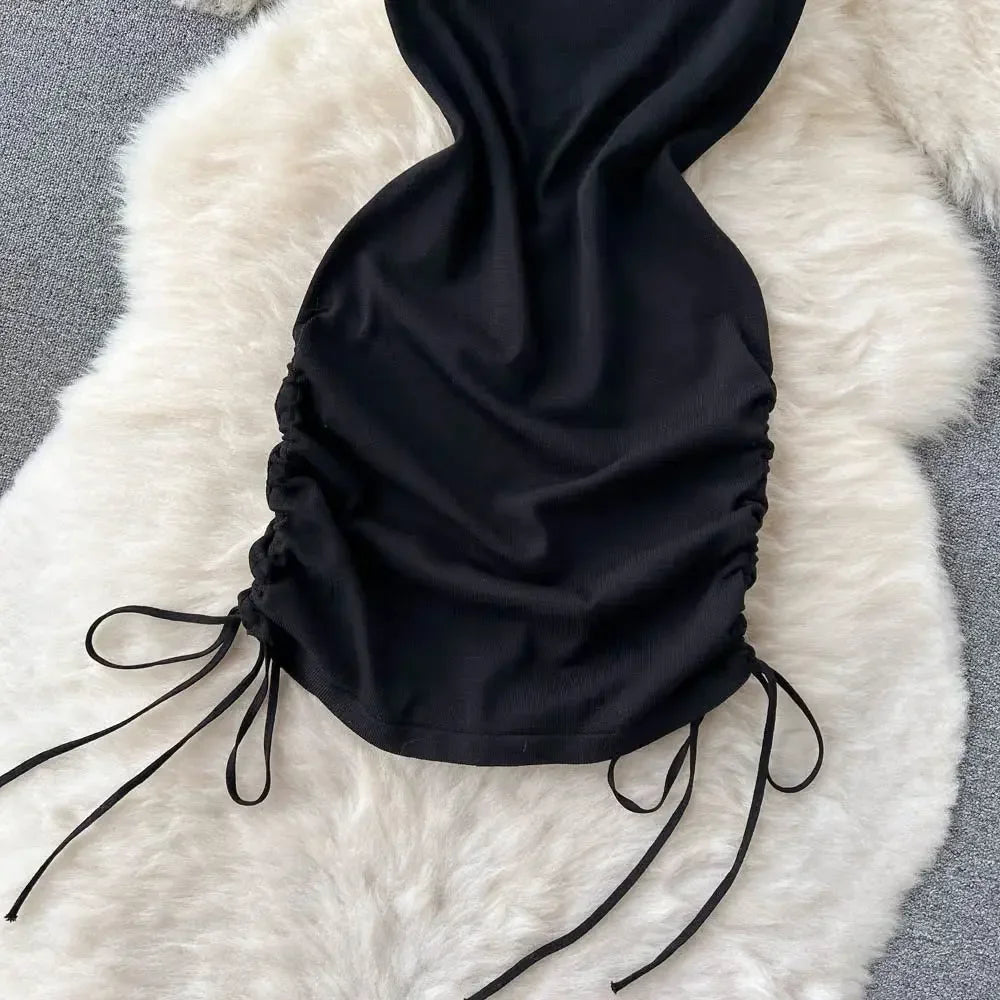2024 Fashion Y2K Solid Knitted Women Dress Sexy Halter Backless Slim Elastic Bodycon Summer Short MiniDress Streetwear Vestidos