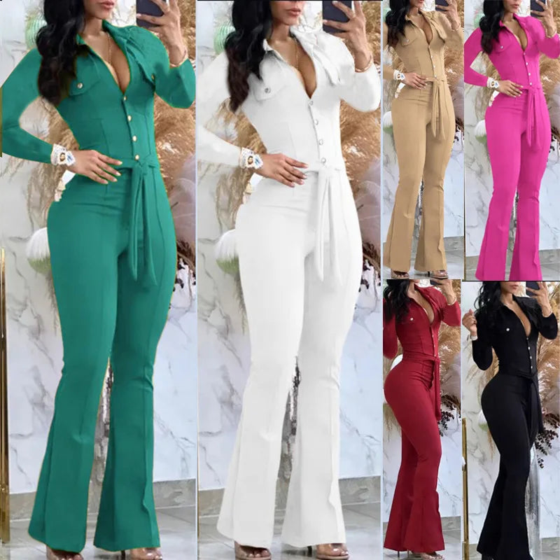 Women's Autumn Winter Elegant Turn Collar Long-Sleeve Shirt Jumpsuit Rompers