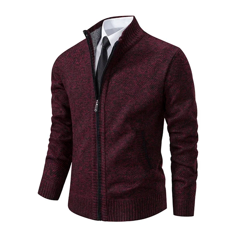 2025 Autumn and Winter New Jersey Men's Casual Sports Coat Solid Color Stand Collar Sweater Grab Fleece Warm Zipper Cardigan