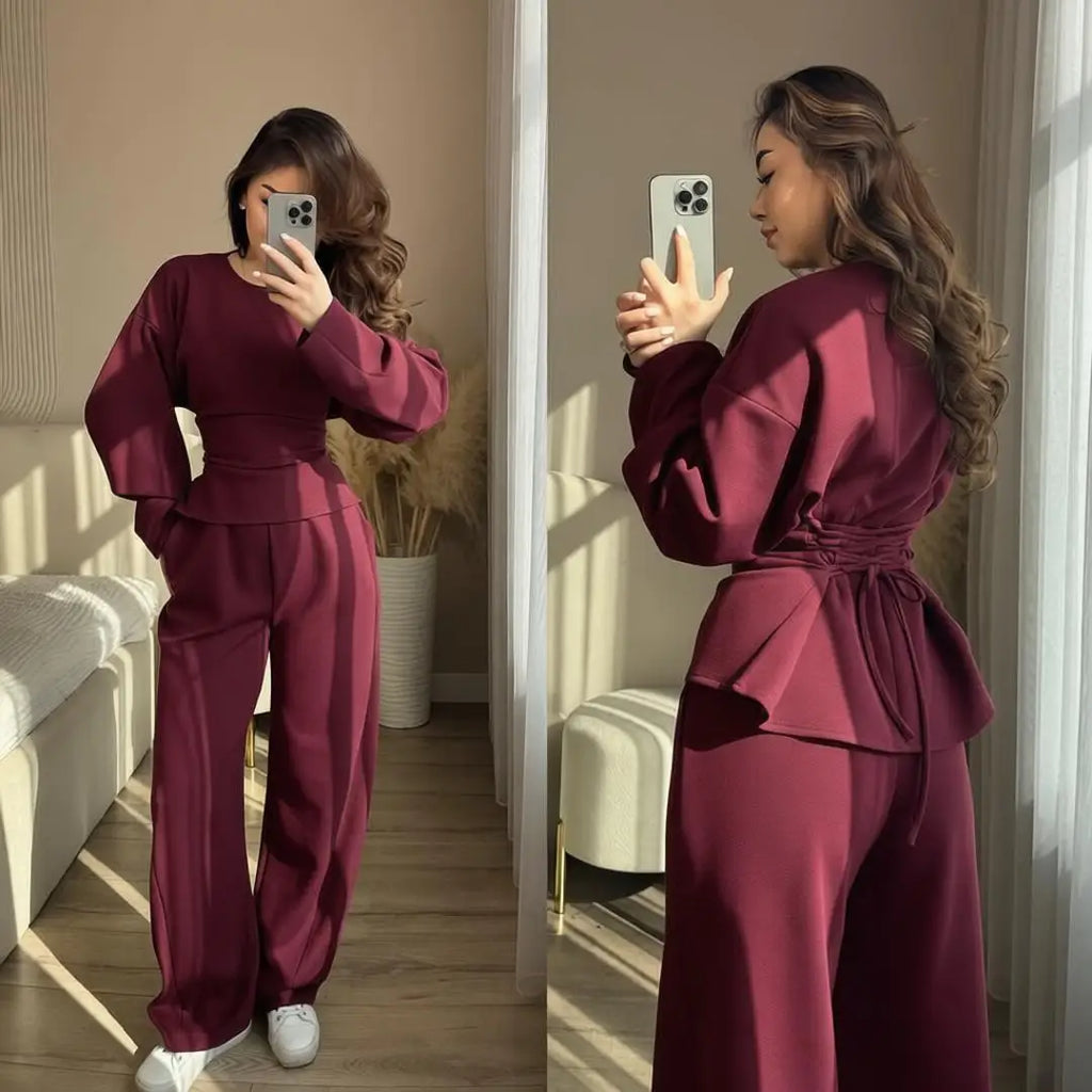 Women's 2 Piece Long Sleeve Top and Wide Leg Pants Set Casual Solid Color Pullover Sweatshirt and Trousers Lounge Wear Outfit