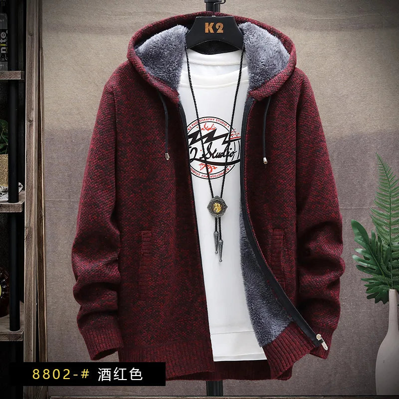 Men's Knitted Sweater Cardigan Thickened Fleece Hooded Casual Style Warm Outerwear Autumn Winter New Arrival Korean Version