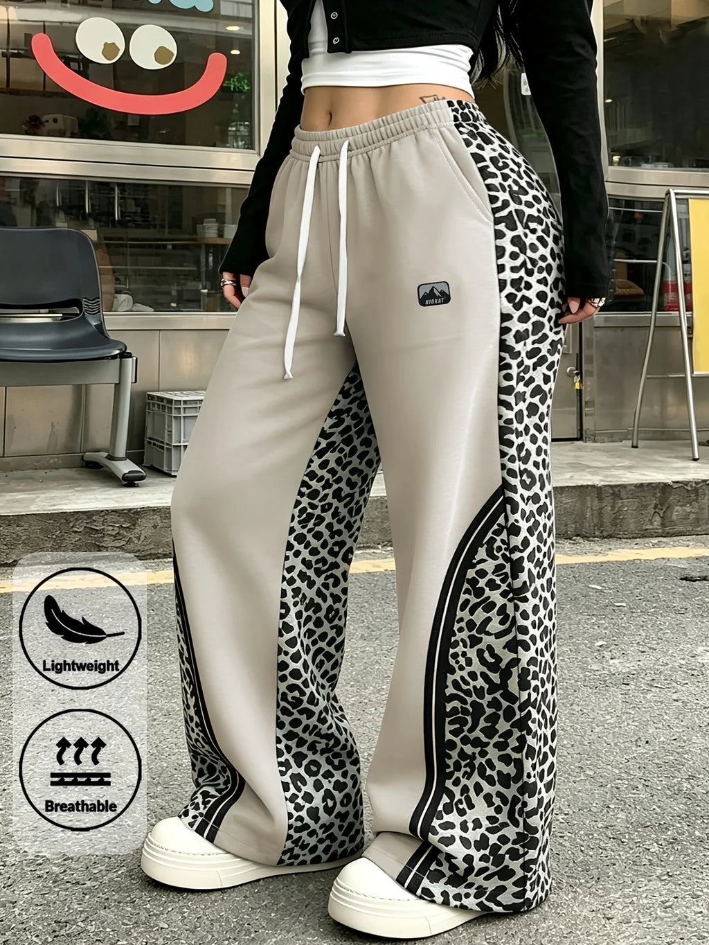 Women Leopard Spliced Wide Leg Sweatpants Drawstring Elastic Waist Casual Street Trousers