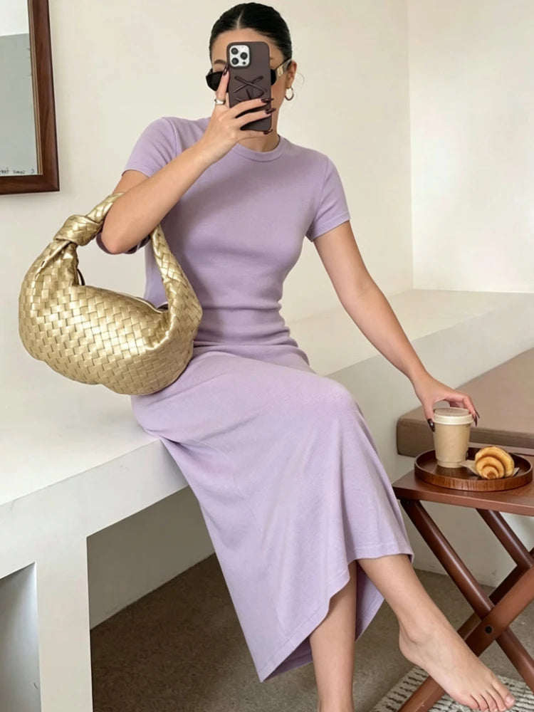 2026 Summer New Chic Slim Chic Short Sleeve Dress for Women O Neck Long Dresses Office Lady Casual Solid Color Dresses Robe