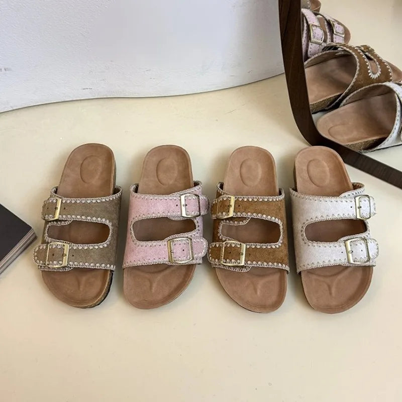 Women's Flat Slide Sandals Open Toe Suede Look Double Buckle Strap Slip on Whipstitch Detail Casual Summer Daily Walking Shoes