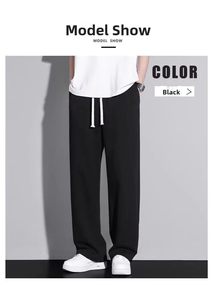 Men's Casual Straight Leg Drawstring Sweatpants Versatile Leisure Long Trousers Student Sports Pants Polyester Fiber Elastic