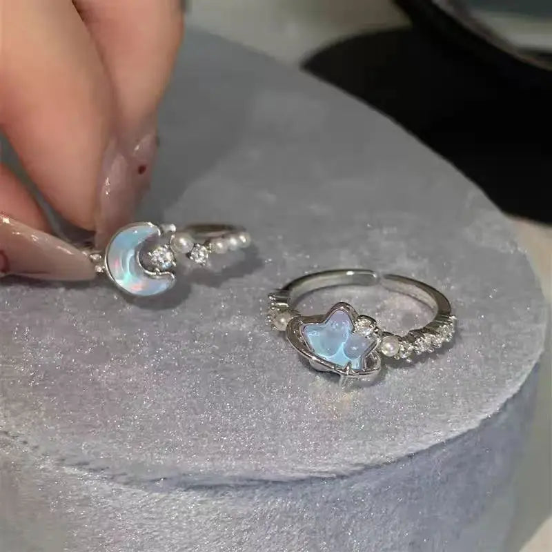 New Blue Planet Star Moon Rings for Women Zircon Rhinestone Pearl Open Finger Rings Sweet Party Y2K Jewelry 2000S Girls Gifts