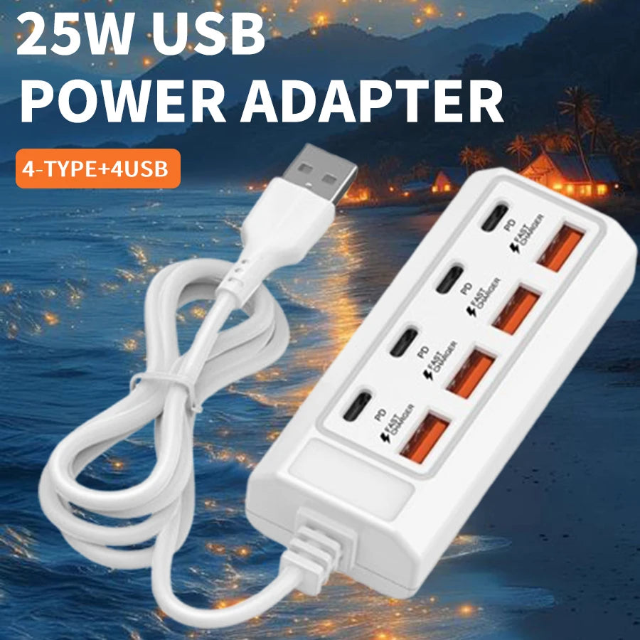 1/2 Piece USB Charging Port Adapter, 8-Port USB Charger with 25W 4C+4A Socket, Compatible with Laptops, Operating Voltage ≤36V,