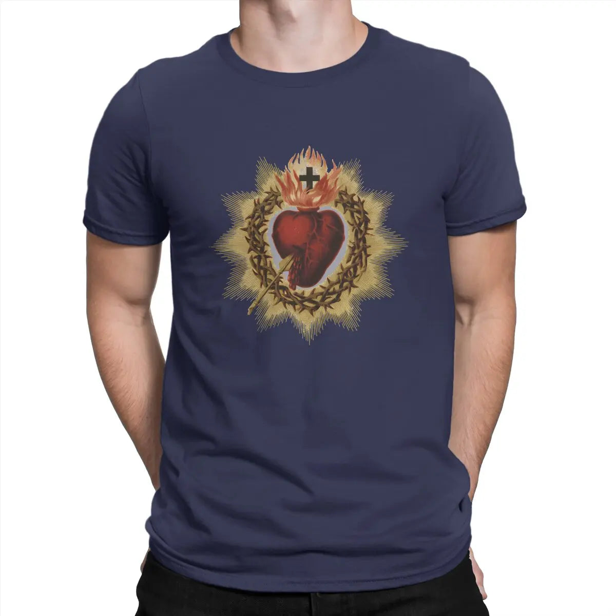 Sacred Heart  Catholic T Shirt Men Cotton Vintage T-Shirt Crewneck Jesus God Cross Tee Shirt Short Sleeve Clothing Gift Idea