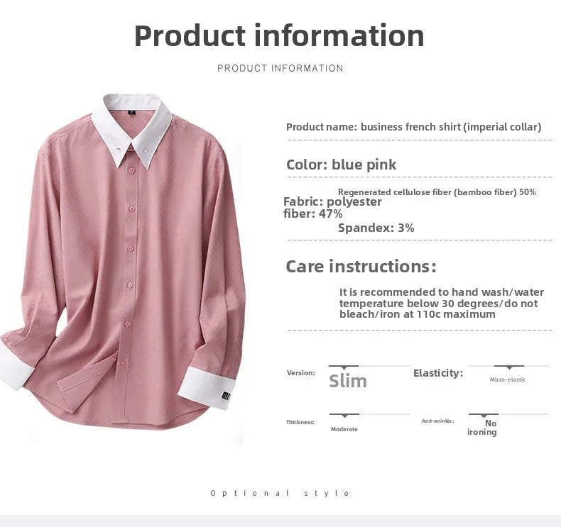 Embroidered French Cufflinks Men's Long-Sleeve Shirt with Collar Pins No tie Big Collar Dress Shirt for Business Formal Gentlema