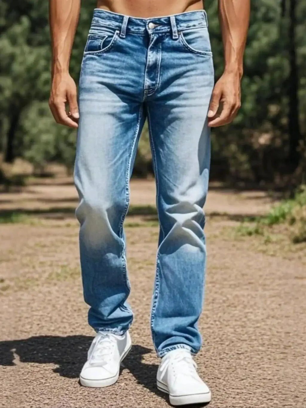 1pc Men's Casual Slim-Fit Stretch Jeans, Fashionable Street-Style Gradient Denim Pants with Washed-Out Look, Regular Fit, Machin
