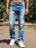 1pc Men's Casual Slim-Fit Stretch Jeans, Fashionable Street-Style Gradient Denim Pants with Washed-Out Look, Regular Fit, Machin