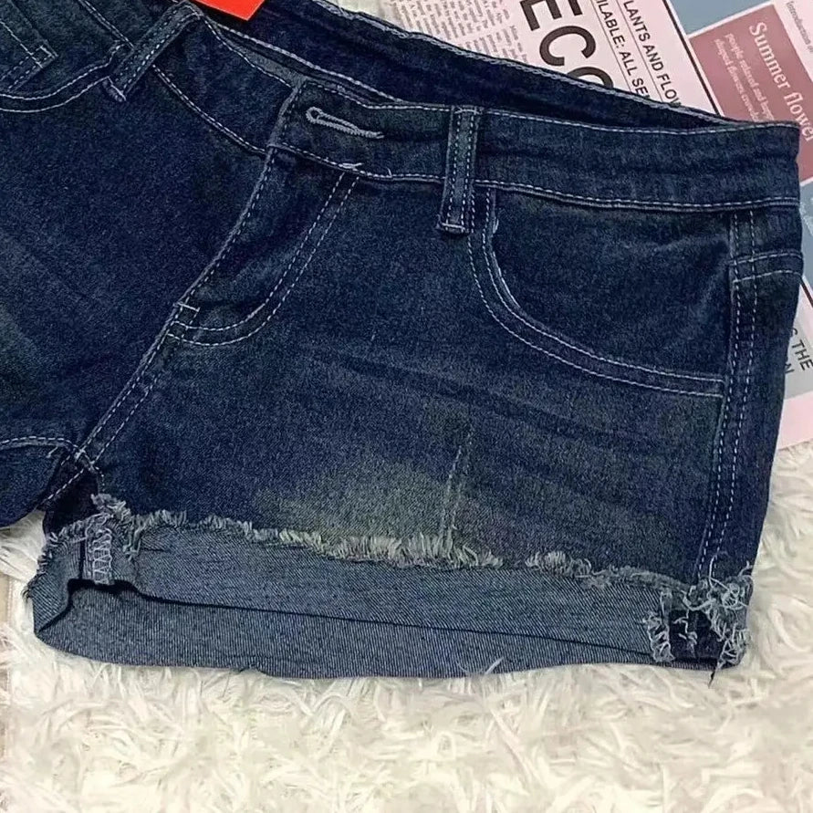 Denim Shorts Women Low Waist Skinny Fur-lined Distressed Vintage Spicy Girls American Style Sexy Stretchy  Hip Wrap Chic