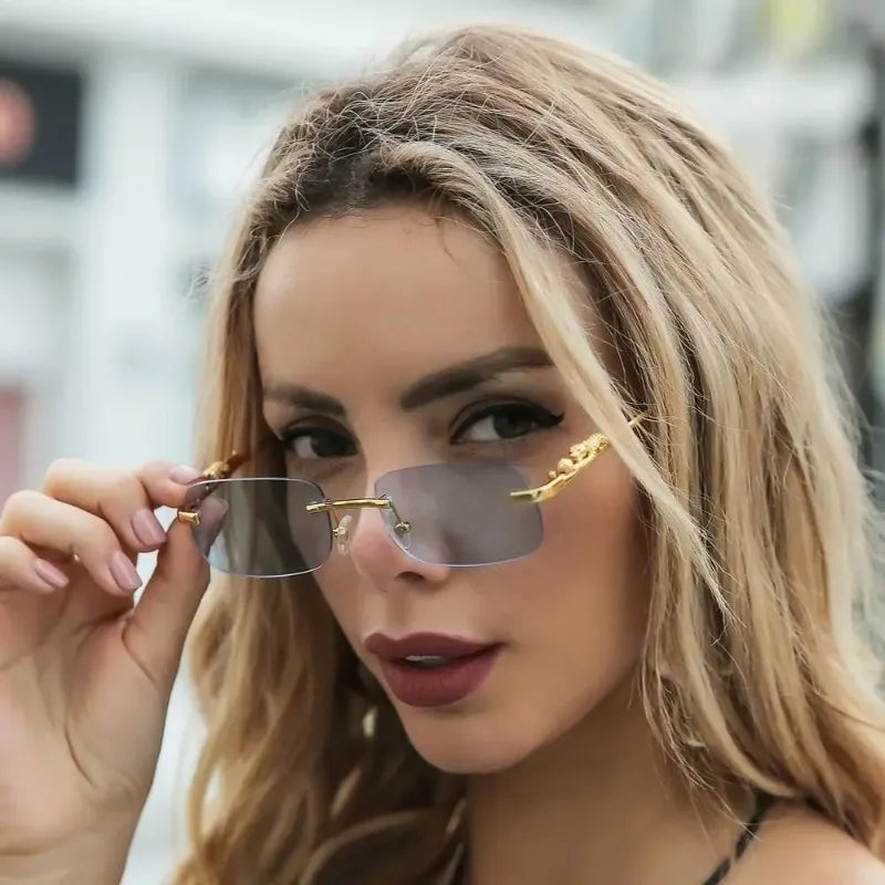 Unisex Luxury Rimless Square Sunglasses - Brand Designer Leopard Head Metal Shade Eyewear Travel Driving