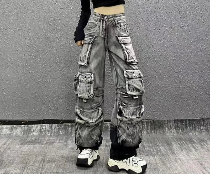 Jeans Women Denim Distressed Multi Pocket Y2k Streetwear Cargo Pants Casual High Waist Zipper Fly Winter Gradient Mom Jeans