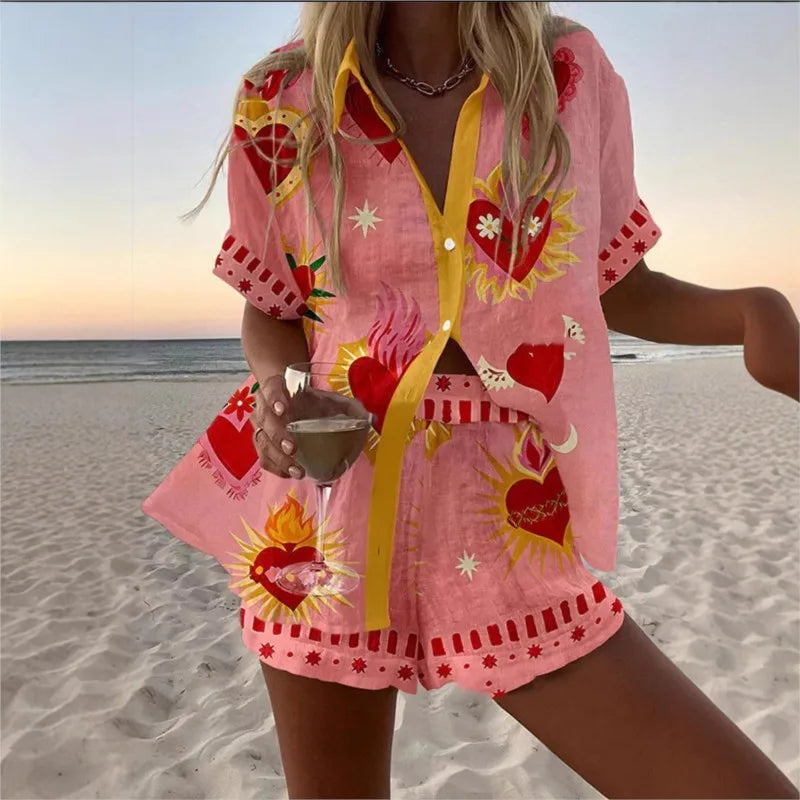 2025 New Summer Vacation Shorts Set 3D Printed Seaside Tropical Casual Lapel Shirt Blouse Top Shorts 2-Piece Suits Beach Holiday