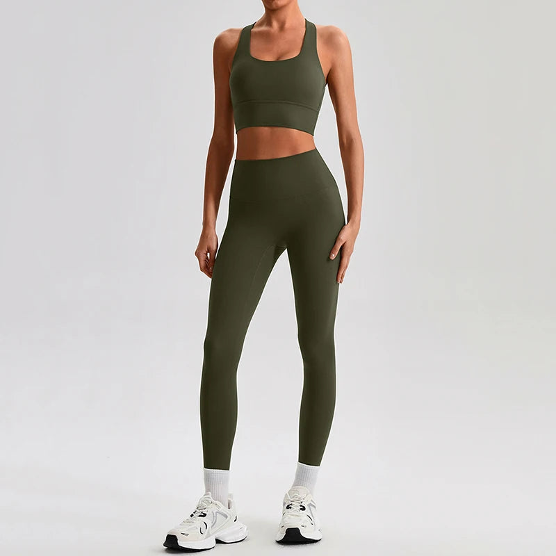 Naked Feel Yoga Set Women Fitness Sportswear 2 Piece Strappy Sports Bra High Waist Gym Leggings Workout Outfit Active Wear