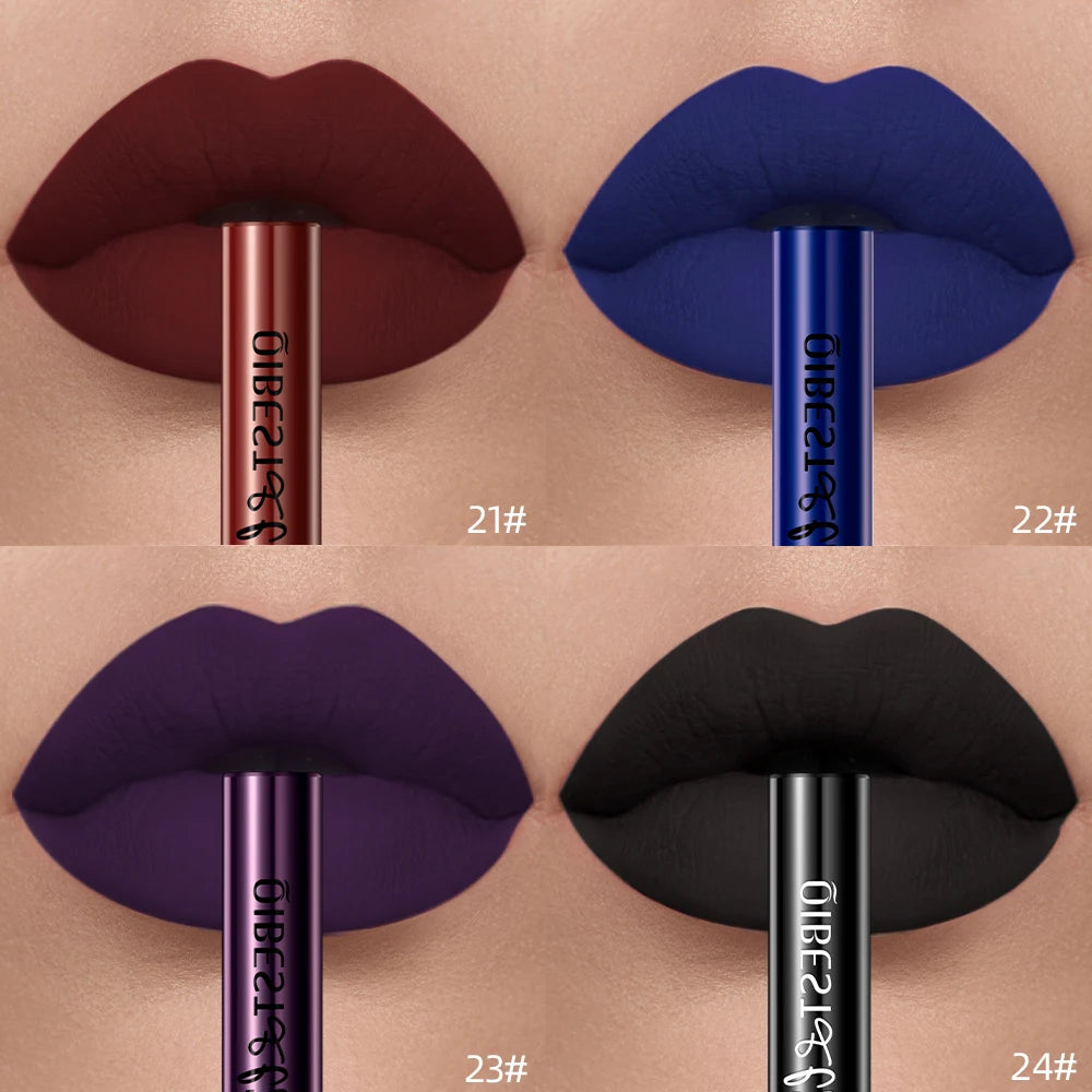 QIBEST Sexy Red Lip Gloss Long Lasting Velvet Matte Liquid Lipstick Waterproof Lip Makeup Nonstick Cup Purple Lip Tint Black
