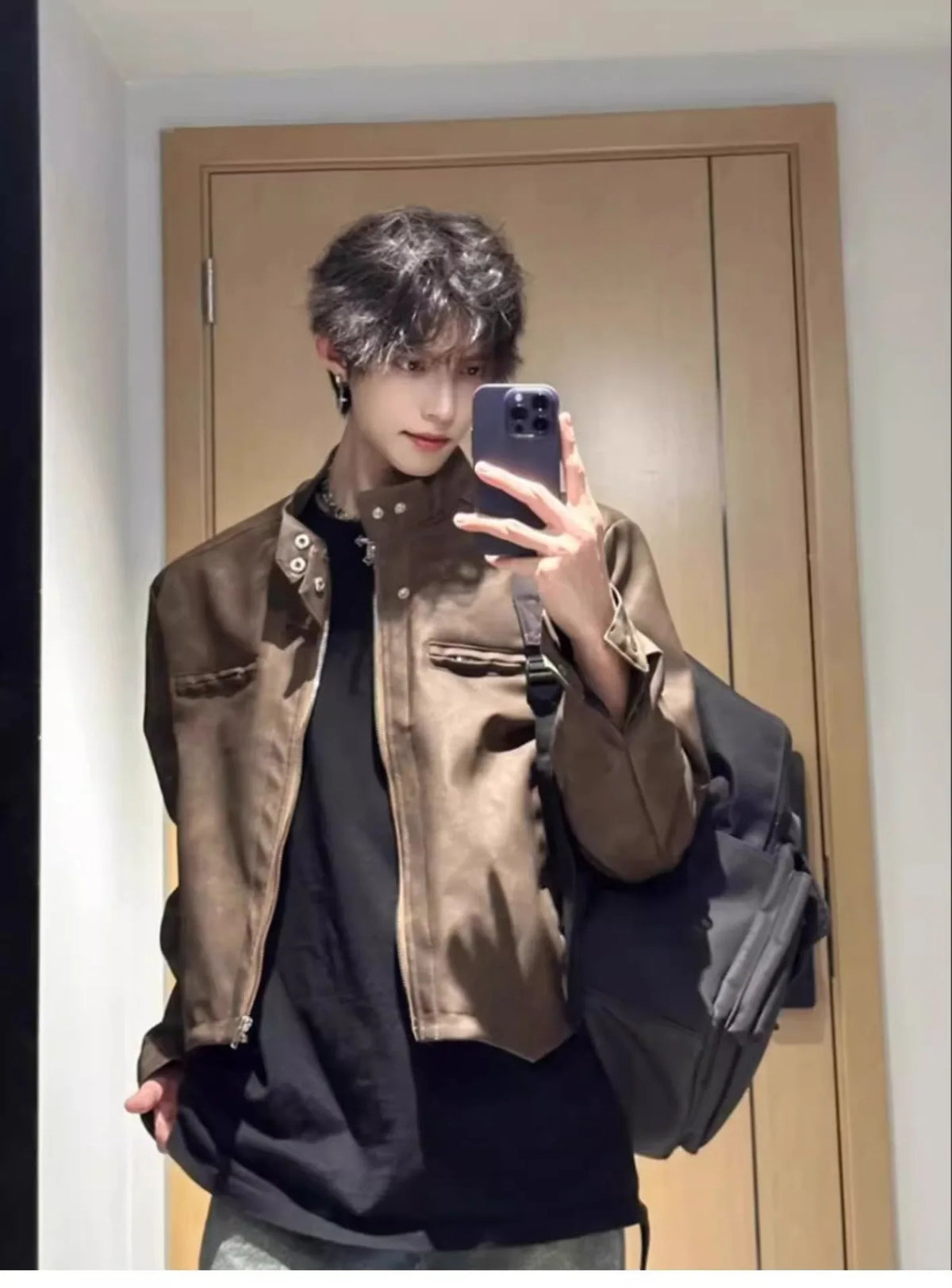 Men's Pu Leather Jacket Autumn Maillard Style Shoulder Pad Jacket Cool Retro Brown Moto Short PU Leather A2 Flight Jacket