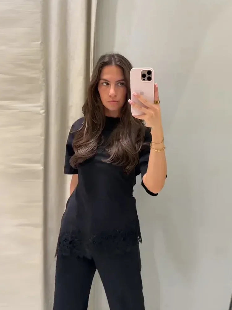 Elegant Satin Lace Patchwork Top Women Casual O-neck Loose Long Sleeves Strappy Female Shirt 2026 Spring Lady Fashion T-shirt