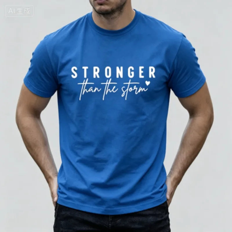 Inspirational Men  T‑Shirt, Slim  Crew Neck Tee, STRONGER than the storm Lettering Print Positive Mind Casual Short Sleeve Top