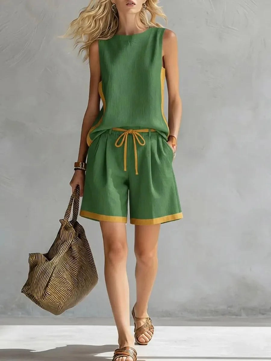 Women Color Block Sleeveless Tank Top Drawstring Shorts Two Piece Set Casual Loose Summer Outfit
