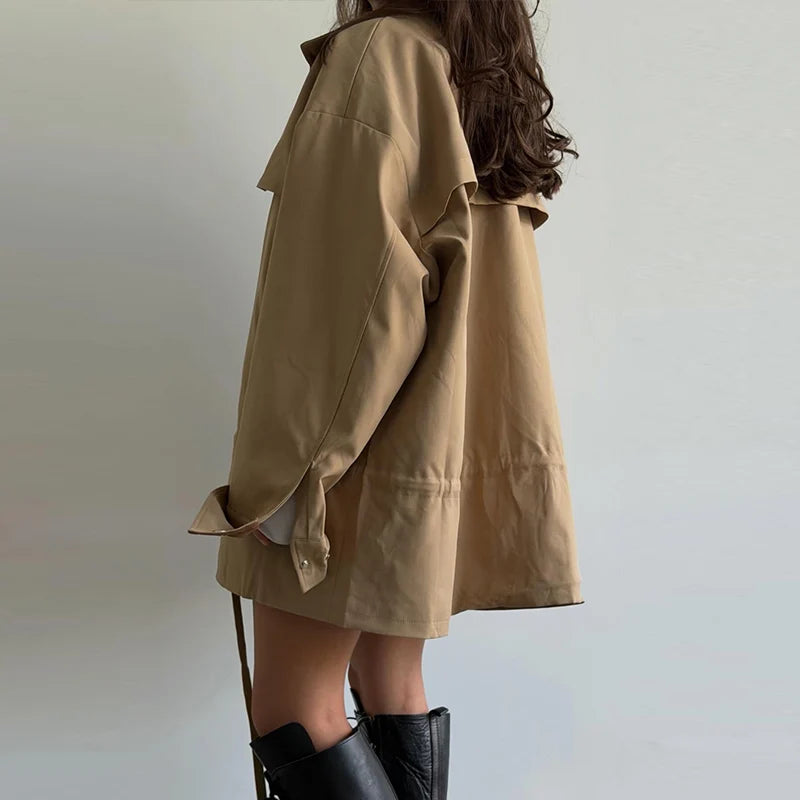 Lapel Women's Outerwear Waist Cinching Belted Jacket Drop Shoulder Cropped Cargo Trench Coat Meilaid Style Daily Fashion Wear