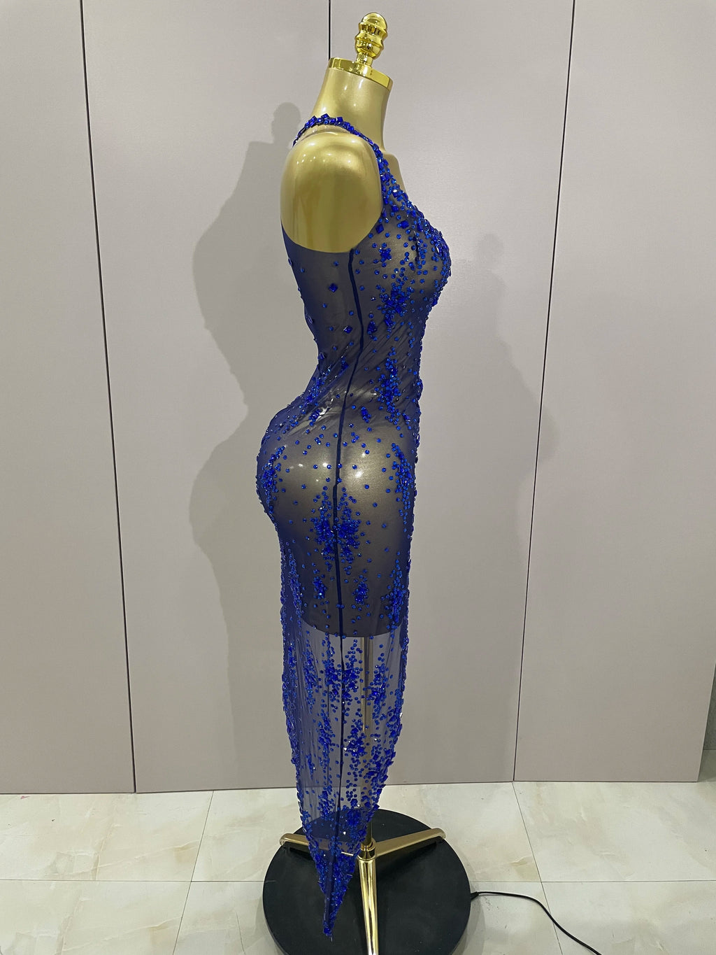 2025 New Sparkly Rhinestone V Neck Stretch Mesh Sexy See Through Dress Women Elegant Party Celebrate Perform Costume Stage Outfi