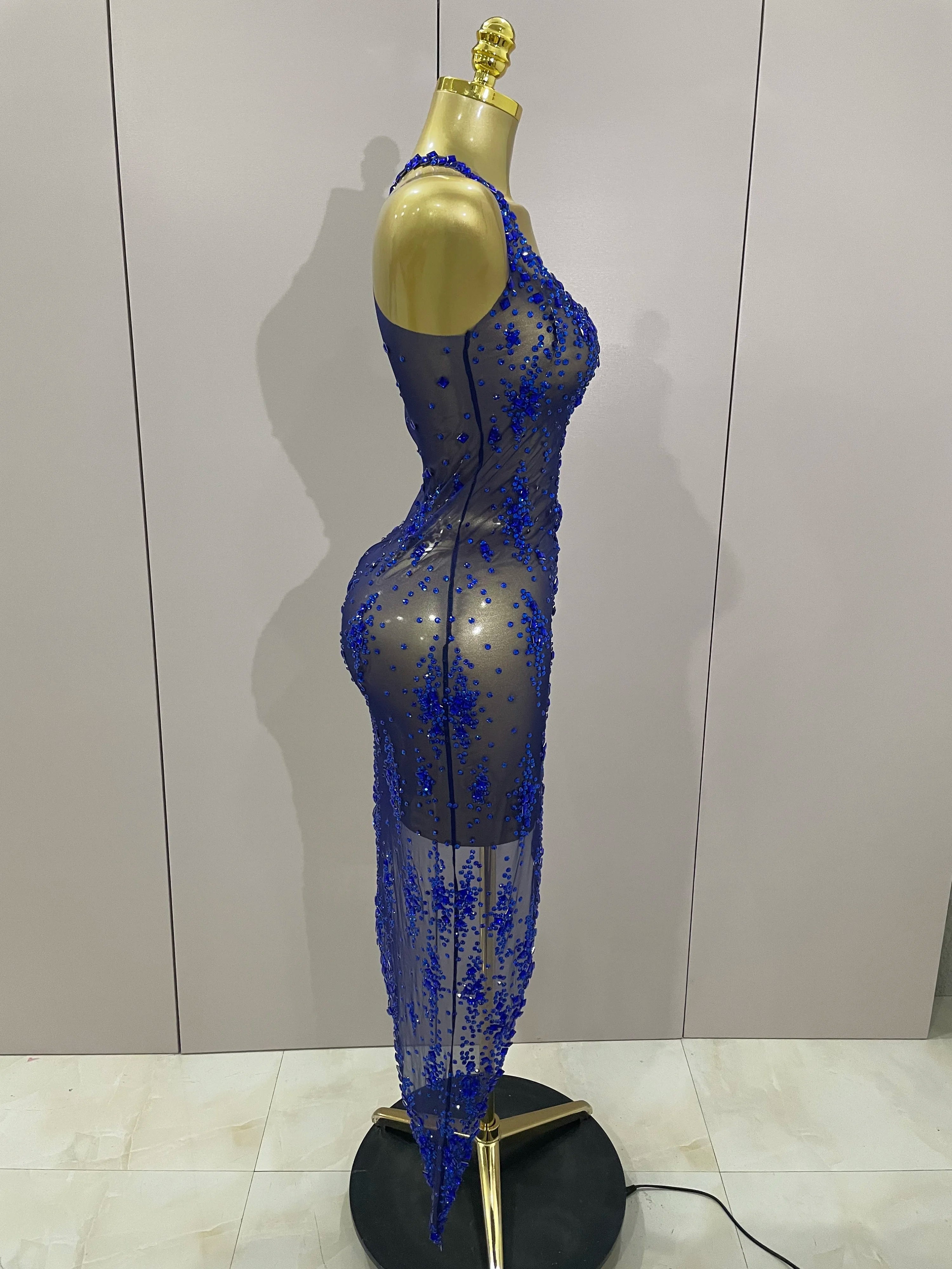 2025 New Sparkly Rhinestone V Neck Stretch Mesh Sexy See Through Dress Women Elegant Party Celebrate Perform Costume Stage Outfi