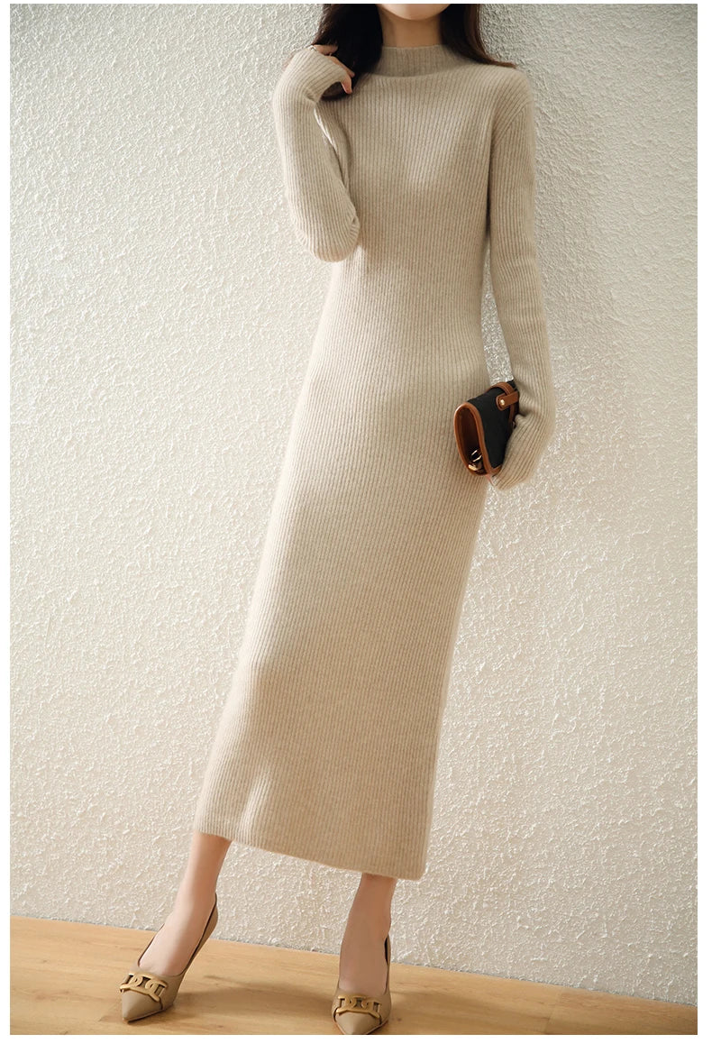 Autumn and winter semi high neck drawstring high elasticity slim fit 100% wool pullover dress, mid length over knee cashmere