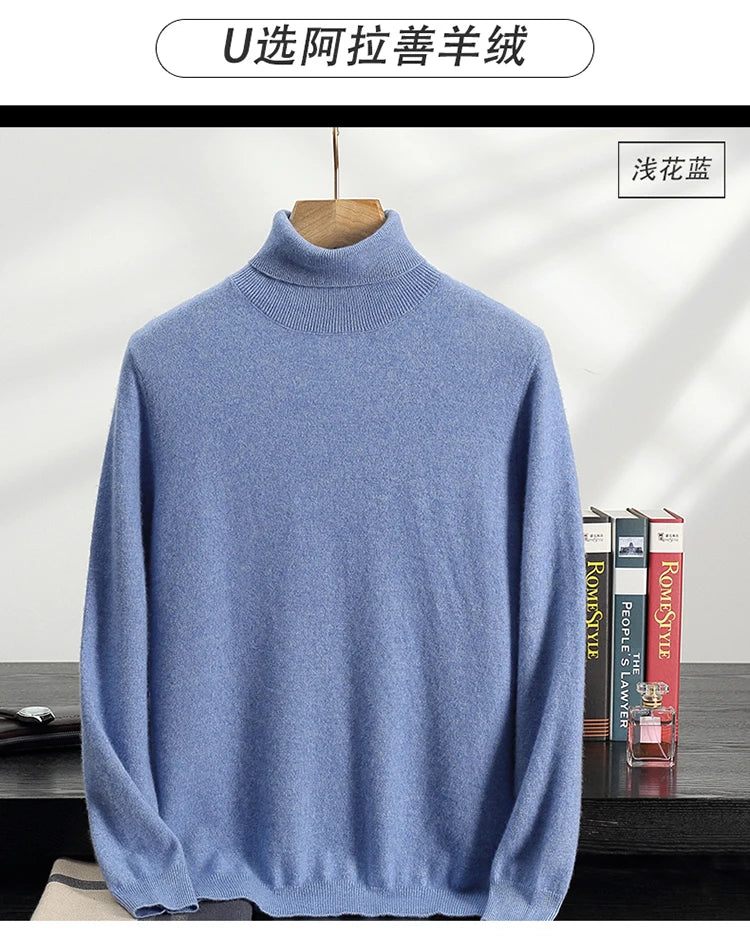Autumn/Winter Men's 100% Cashmere Pullover Business Casual Solid Knitted Sweater Loose High Collar Tops Basic Thick Warm Jumper