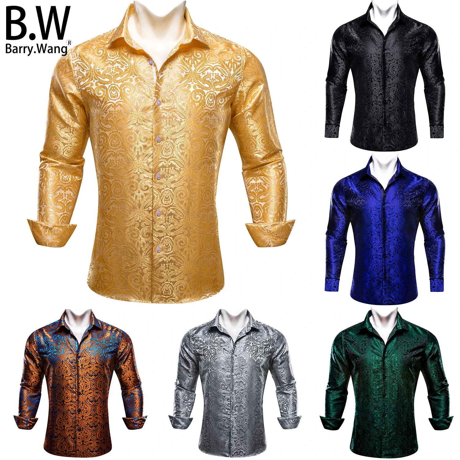 Barry.Wang Luxury Silk Mens Shirts Jacquard Floral Long Sleeve Formal Casual Breathable Male Blouses Wedding Business Prom Gift