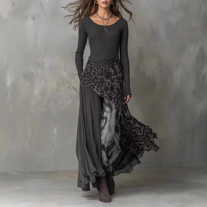Spring Sexy Splicing Leopard Print Long Dress Woman Elegant O Neck High Waist Party Dresses Autumn Long Sleeve Ruffle Maxi Dress