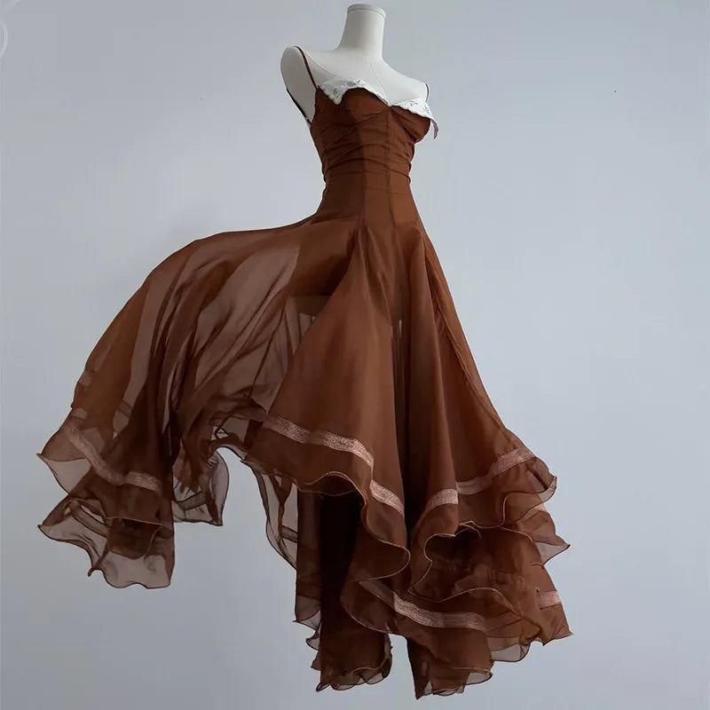 Elegant Pleated Women's Dress Sleeveless Backless Patchwork Waist-Closed Ruffle Hem Sling Maxi Dresses 2026 Summer Female Robe